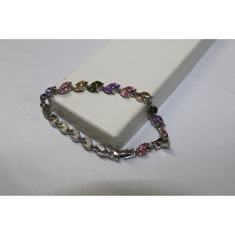 Vintage‎ Silver Tone Marquise Rhinestone Tennis Bracelet Pink Purple Green 7.5"